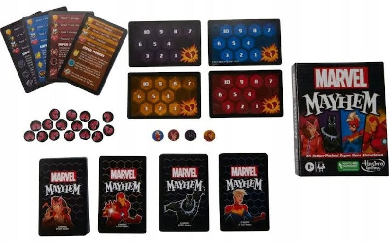 MARVEL MAYHEM GRA KARCIANA WALKA SUPERBO - widok 4 opakowania szczegoly zabawka kolekcja