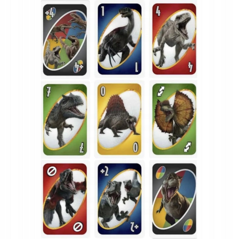 GRA KARCIANA UNO JURASSIC WORLD DOMINION - widok 3 opakowania szczegoly zabawka kolekcja