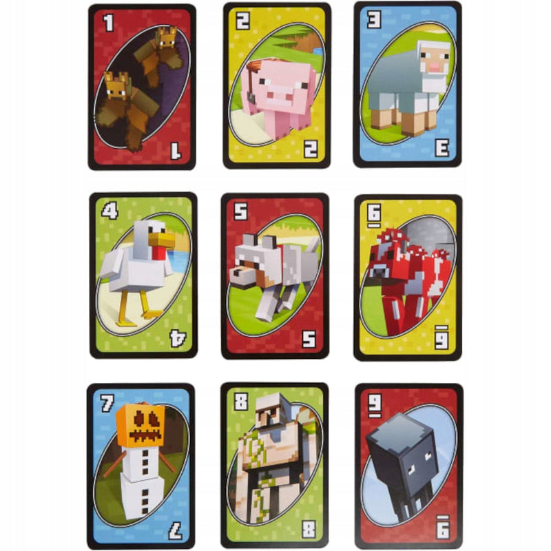 GRA KARCIANA UNO MINECRAFT MATTEL GAMES  - widok 3 opakowania szczegoly zabawka kolekcja
