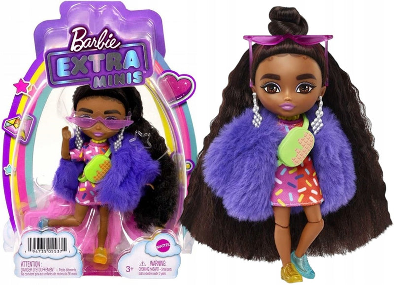 Zabawka BARBIE EXTRA MINIS LALKA W FIOLETOWYM FUTRZE - kolekcjonerska premium zabawki Aseo dla dzieci