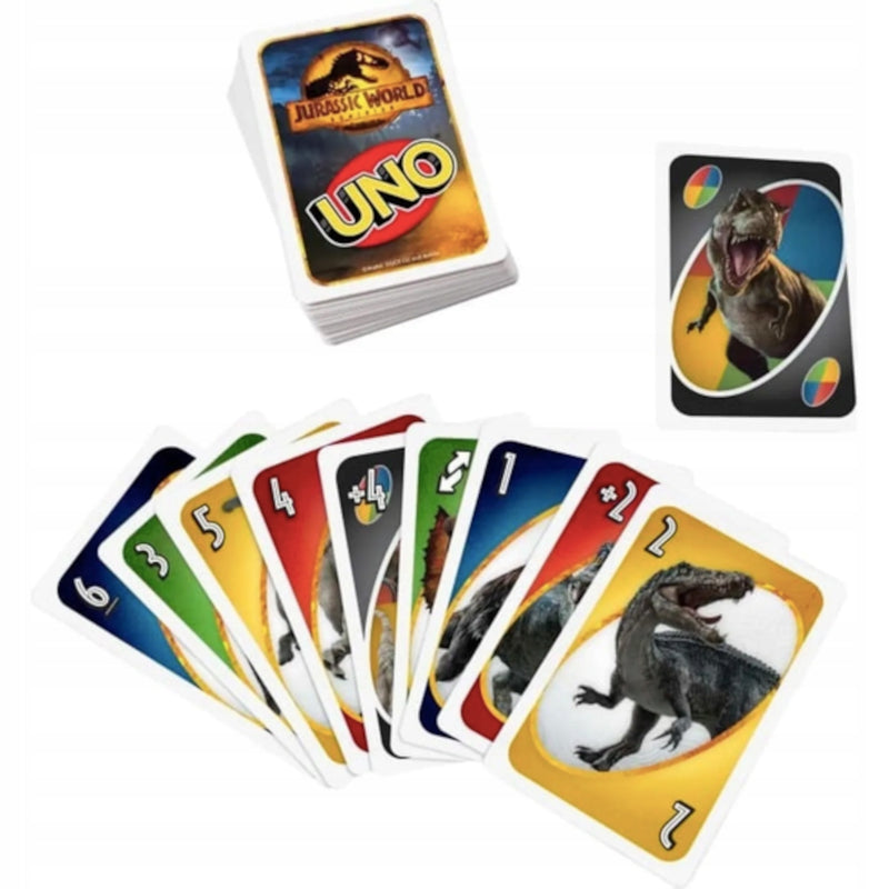 GRA KARCIANA UNO JURASSIC WORLD DOMINION - widok 2 opakowania szczegoly zabawka kolekcja